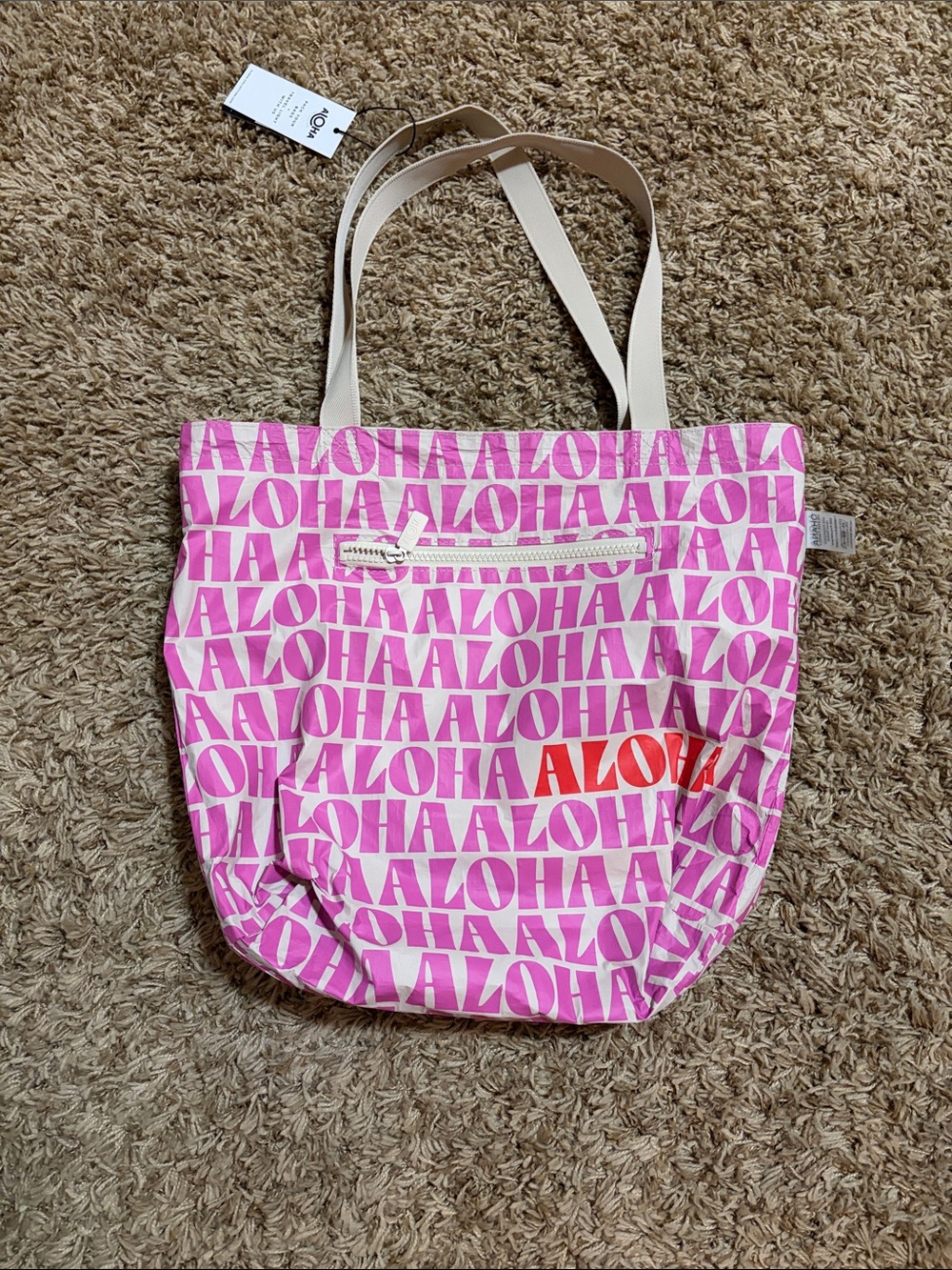 ALOHA Collection Reversible Pink Floral Tote with Cream Straps - Picture 3 of 7